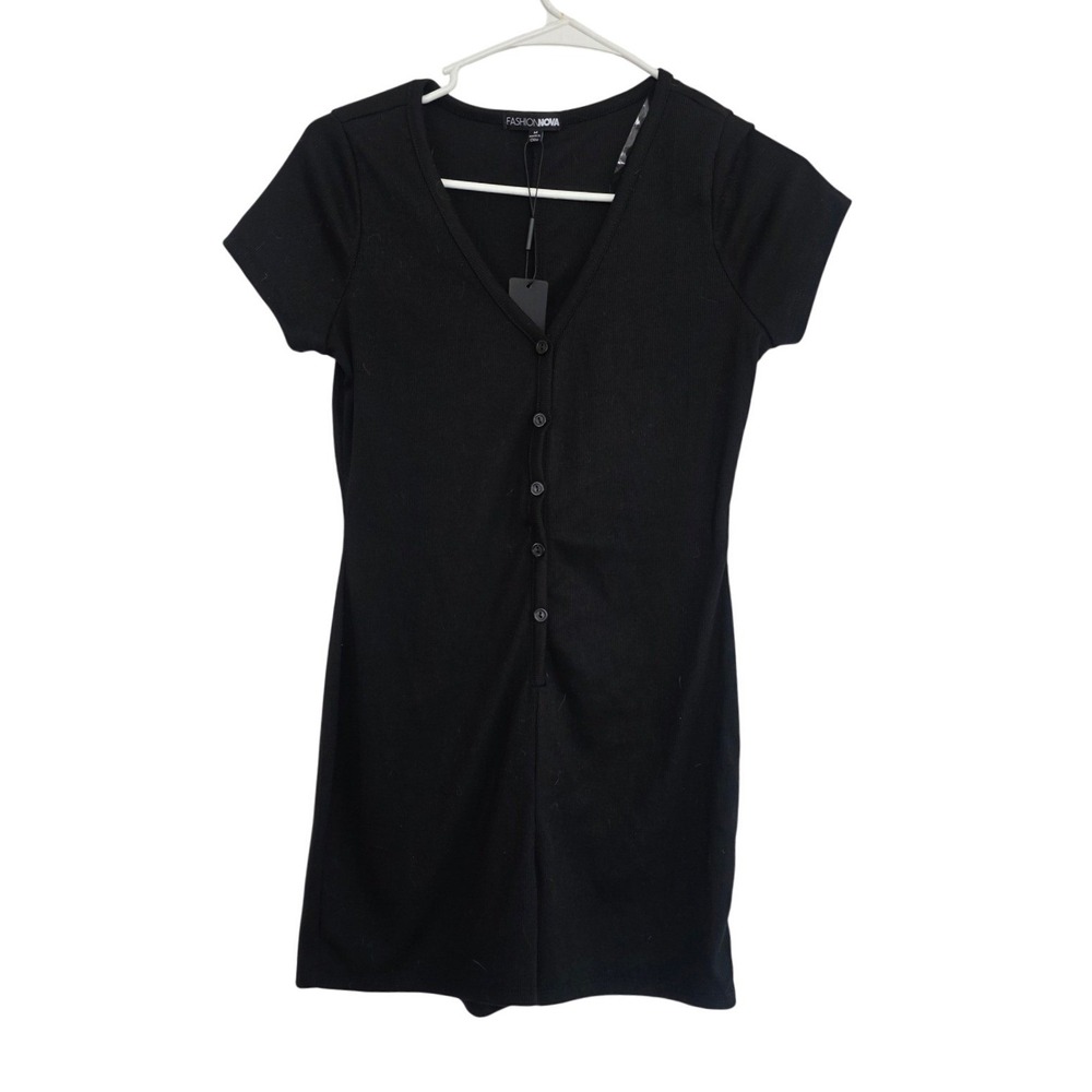 Fashion Nova Raven Romper Black Ribbed V Neck Button Front Short Sleeve Size M